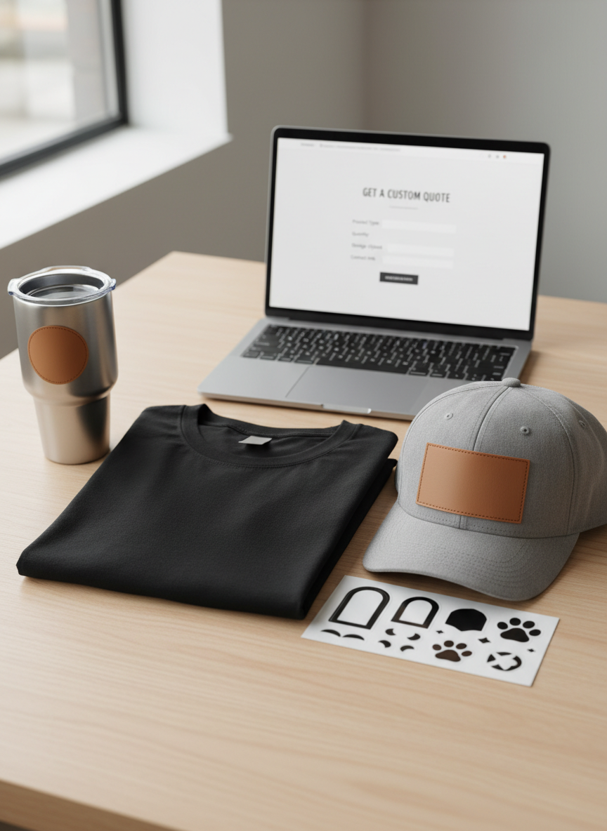 A clean, modern flat lay of custom apparel and vinyl products neatly arranged on a light wood tabletop, photographed in realistic detail. A smooth black cotton t‑shirt, a structured heather gray hat with a blank leather patch, a glossy vinyl decal sheet with various shapes, and a matte aluminum tumbler with an empty patch area sit together. In the background, a softly blurred laptop displaying a simple quote request form on the screen suggests easy ordering. Soft daylight from a nearby window casts gentle, natural shadows, creating a professional yet approachable mood. Shot from a bird’s‑eye view with sharp focus throughout, emphasizing variety and craftsmanship, in a polished, photographic realism style suitable for a St. Louis custom apparel business.
