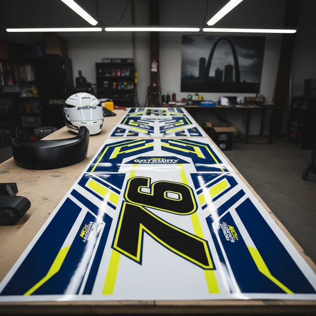 A dramatic, wide photographic shot of a complete racing graphics kit spread across a long workbench, each panel meticulously aligned. Bold, angular number panels, stripe elements, and sponsor areas are printed on thick, high-gloss vinyl sheets, edges crisp and ready to be applied. A race helmet with a blank visor wrap area and a smooth, undecorated front bumper piece sit at the edge of the frame, suggesting full-vehicle customization. Overhead workshop lights create bright, even illumination with subtle reflections dancing across the vinyl surfaces. Captured from a slightly elevated angle, the composition leads the eye from foreground to background, giving a sense of scale and energy, with a bold, performance-driven atmosphere suited to motorsports graphics clients in the St. Louis region.
