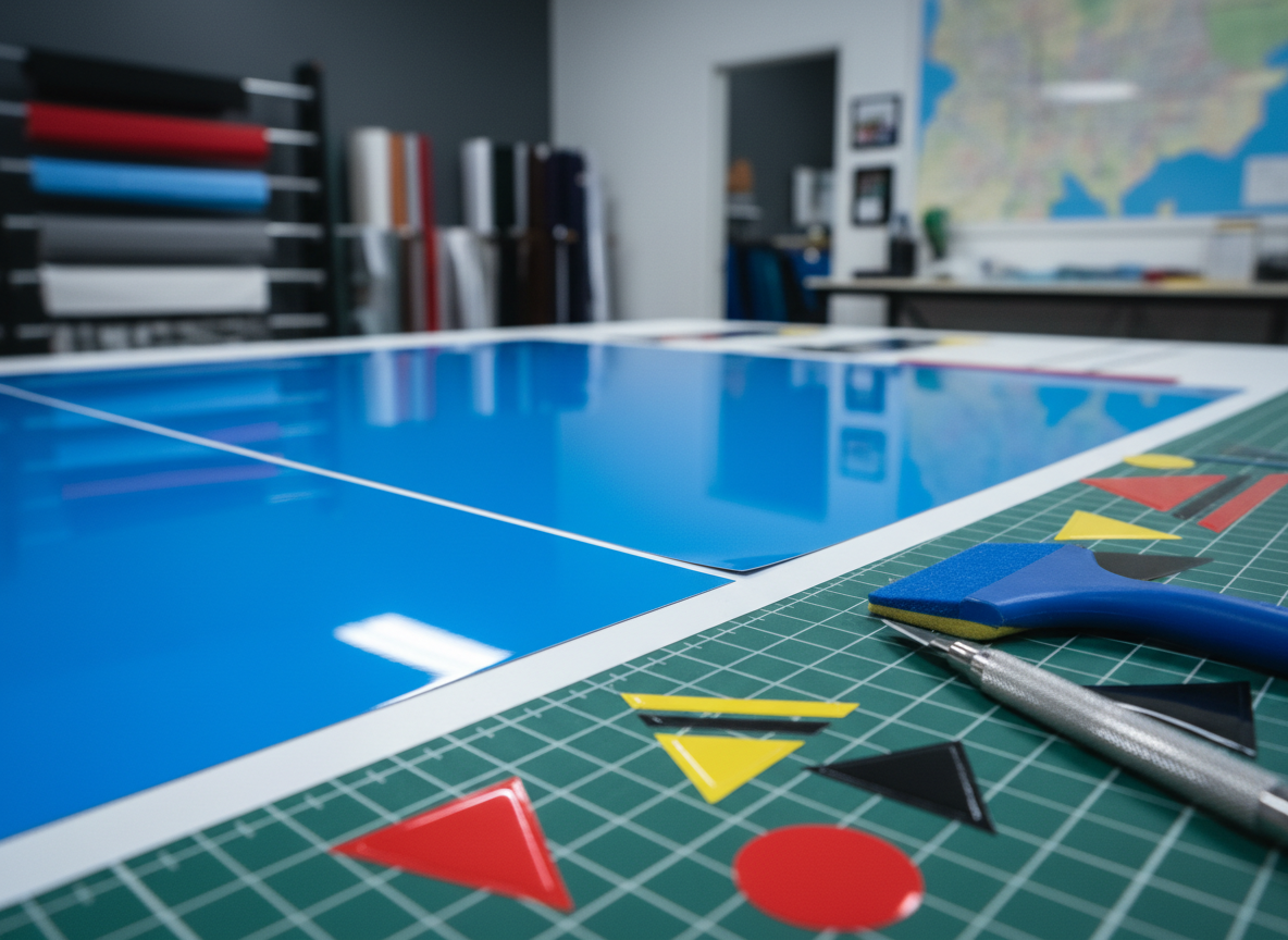A close-up, side-angle shot of a large, glossy vinyl sign in progress on a cutting table, the camera focusing on the precise edge where colored vinyl meets the smooth backing. Around the sign, smaller decals in various geometric shapes and racing-inspired stripes are laid out on a self-healing cutting mat, alongside a squeegee and craft knife. Cool, even studio lighting from above highlights the reflective sheen of the vinyl and the ultra-clean cuts, casting short, tidy shadows. The background shows slightly out-of-focus racks of rolled vinyl and a hint of a wall map of the St. Louis area. The composition uses the rule of thirds, with a dynamic, professional mood emphasizing precision and craftsmanship in a vinyl sign and decal shop.