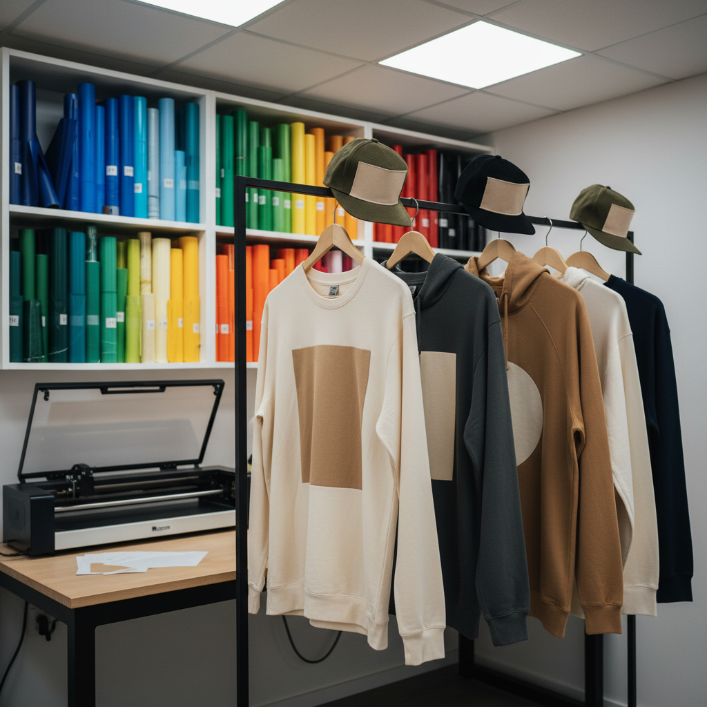 A row of custom apparel samples hanging on a minimalist metal rack inside a small production studio, captured in photographic realism. Different shirt styles and neutral hoodies display blank areas where designs would go, alongside a couple of flat-brim hats with empty embroidered patches. Behind them, open shelves hold neatly stacked vinyl rolls in rich colors, organized by shade, and a vinyl cutter resting on a clean workbench. Soft, diffused overhead LED lighting illuminates the textures of fabric and vinyl without harsh glare, creating a calm, professional workshop atmosphere. Shot at eye level with a slight angle to show depth, using a moderate depth of field so the garments are crisp while the background equipment is softly blurred, conveying quality and attention to detail for a local custom apparel shop.